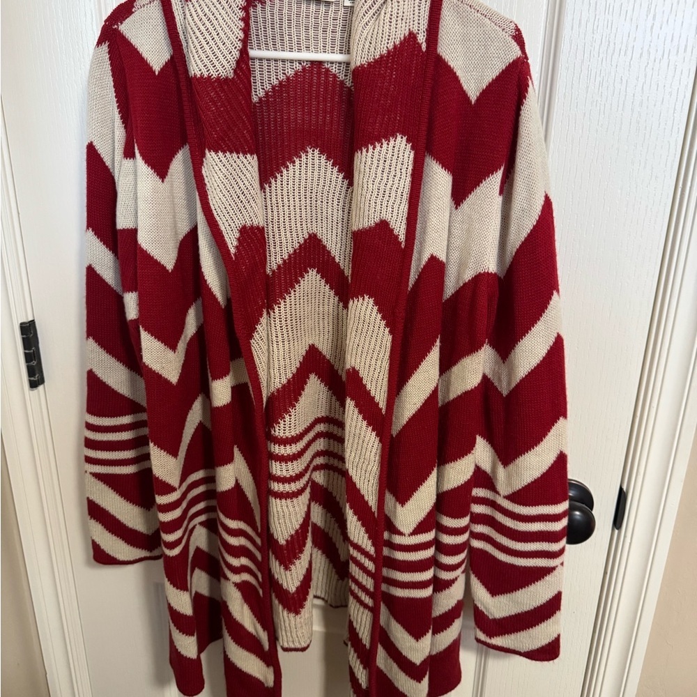 Cato Red & Cream Chevron Open-Front Cardigan